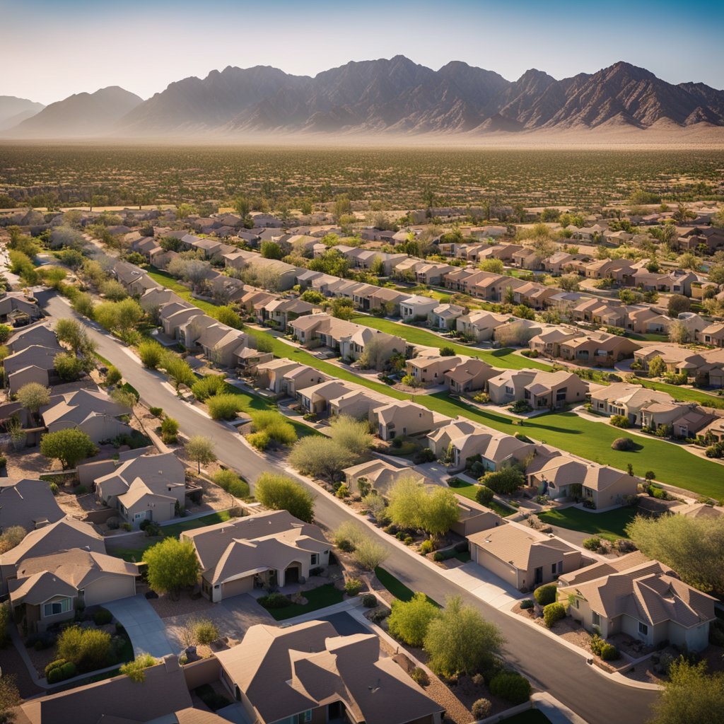 A quaint suburban neighborhood in Surprise, AZ with rows of affordable homes, manicured lawns, and a backdrop of desert mountains