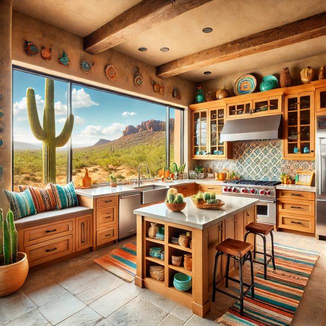A beautifully organized Arizona kitchen featuring warm wooden cabinets, natural stone countertops, and modern appliances. Large windows provide a stunning desert view with a saguaro cactus in the distance, enhancing the Southwestern charm. This clean and inviting space showcases a perfect blend of modern and rustic design, ideal for home staging and real estate listings.