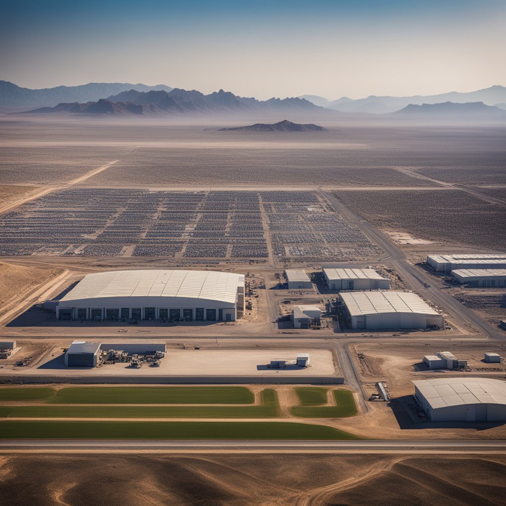 A bustling industrial park contrasts with serene desert landscape. Jobs and housing developments dot the horizon