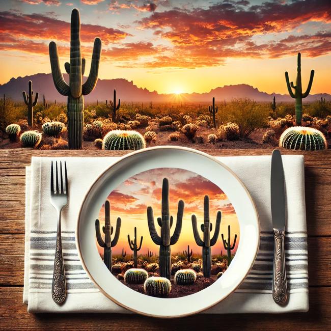 A dining plate with a fork and knife set against a stunning Arizona desert backdrop featuring saguaro cacti at sunset, representing the great restaurant scene in Surprise, Arizona.