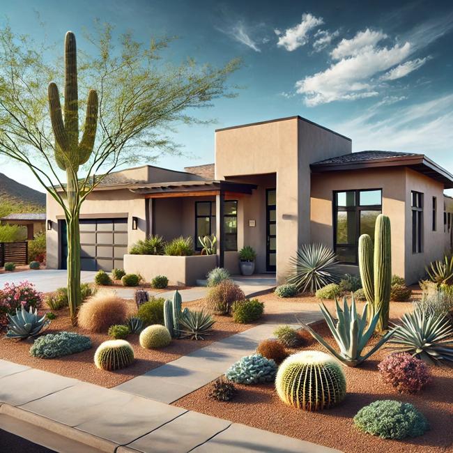 Modern Phoenix home with desert landscaping, featuring drought-resistant plants like cacti and succulents. The contemporary Southwest-style house has a stucco exterior, large windows, and a clean driveway under a clear blue sky. Set against a backdrop of Arizona desert mountains, this home showcases curb appeal for selling in Phoenix in 2025.