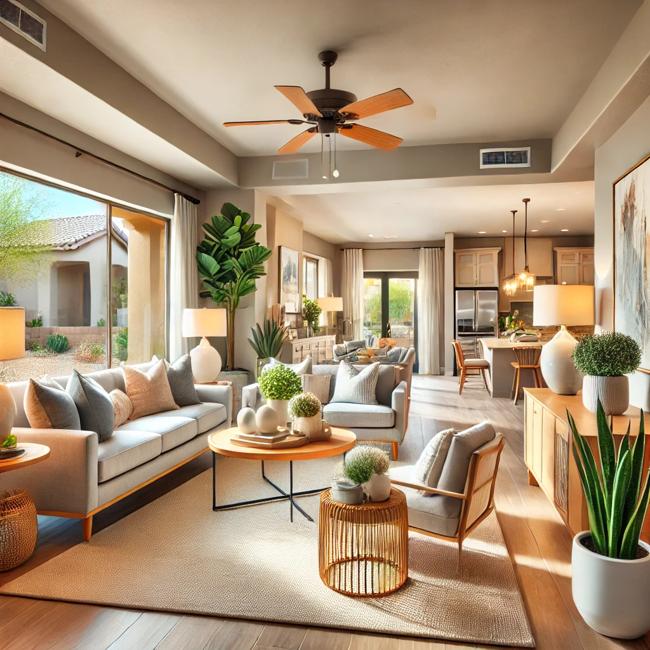 Beautifully staged Phoenix home interior, prepared for sale. The bright living room features neutral-colored walls, modern furniture, and large windows letting in natural light. A clean, decluttered space with fresh plants, a cozy seating area, and subtle decor enhances buyer appeal. The open floor plan leads to an updated kitchen, showcasing a warm and inviting atmosphere ideal for real estate showings in Phoenix.