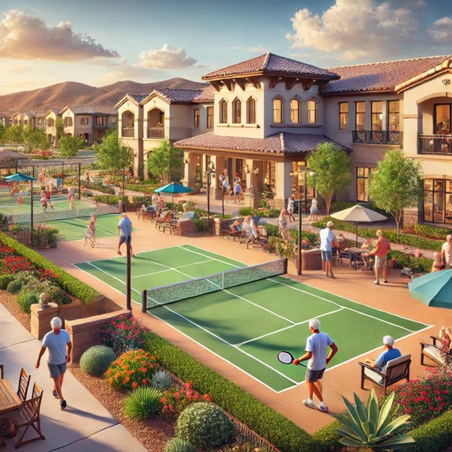 A lively scene at Sun Village in Surprise, AZ, featuring active adult residents enjoying a game of pickleball, walking along scenic desert-landscaped paths, and socializing at a welcoming clubhouse with outdoor seating. The image captures the vibrant, resort-style lifestyle of this premier 55+ community, perfect for retirees seeking fun, fitness, and community engagement.