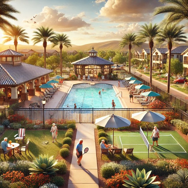 A scenic view of Sun Village, a 55+ retirement community in Surprise, AZ, showcasing a resort-style clubhouse, a sparkling swimming pool with lounge chairs under palm trees, and residents enjoying pickleball and walking along landscaped pathways. The scene captures the active, resort-style lifestyle that makes Sun Village a desirable place to live.