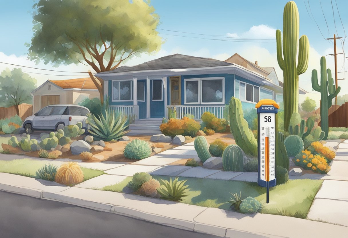 A scorching sun beats down on a suburban street, where cracked sidewalks and wilted cacti line the path. A thermometer reads a staggering temperature, while a for sale sign sits in the front yard of a modest home