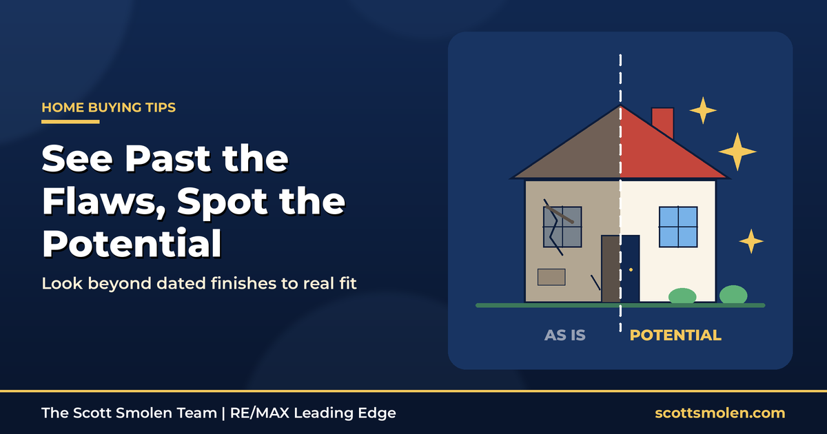 House split into worn "as is" and refreshed "potential" halves, headline "See Past the Flaws, Spot the Potential"