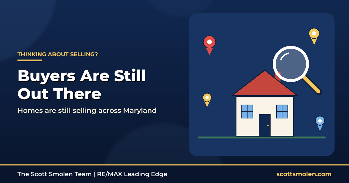 House with a magnifying glass and map pins around it, headline "Buyers Are Still Out There"