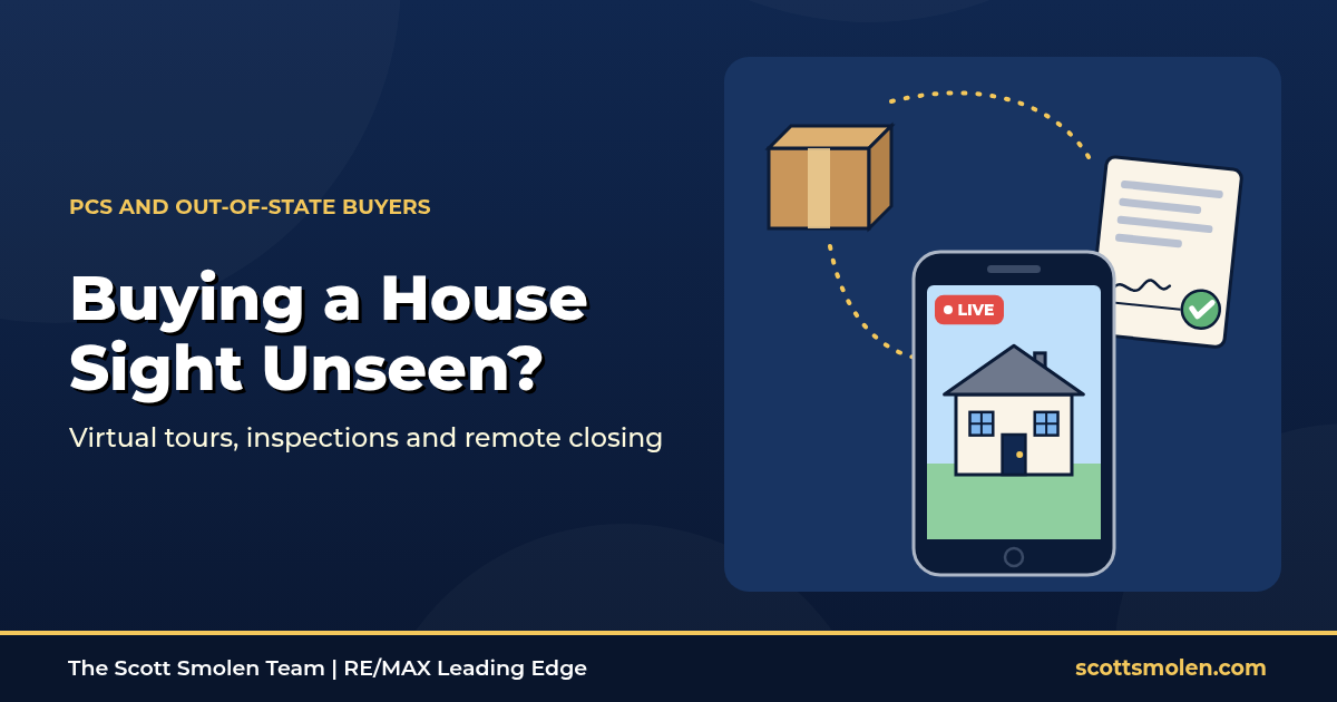 Phone showing a live video tour of a house with a moving box and signed document, headline "Buying a House Sight Unseen?"