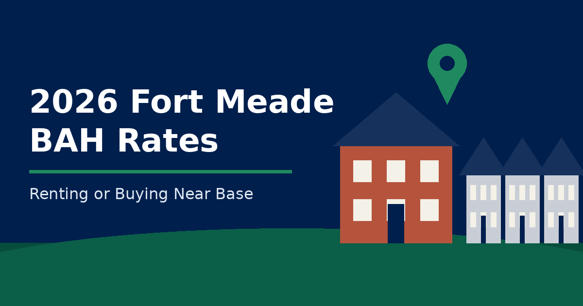 Illustration of a brick colonial home and townhouses near Fort Meade with the headline 2026 Fort Meade BAH Rates