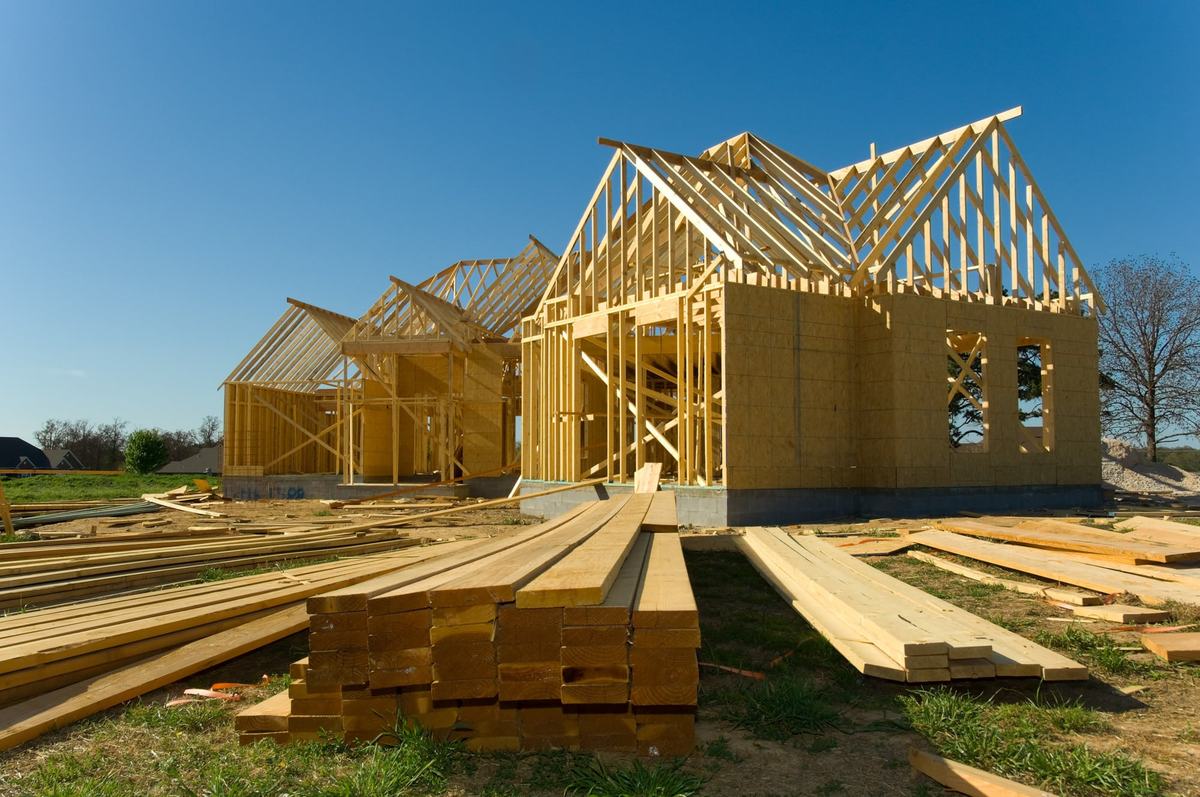 Home under construction with exposed framing
