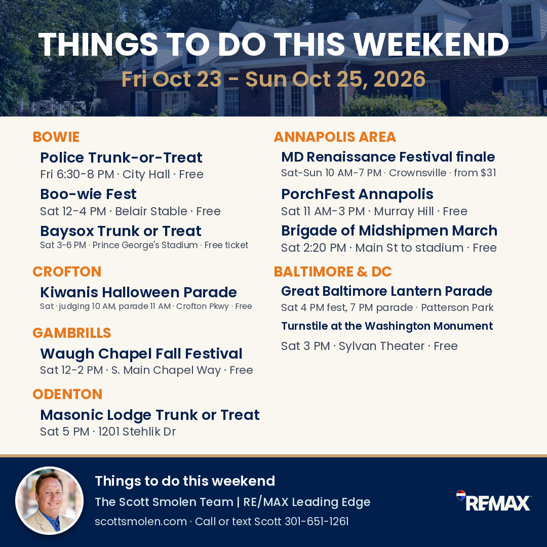 Things to do this weekend, Oct 23-25, 2026: top picks from Bowie, Crofton, Gambrills, Odenton, Annapolis, Baltimore and DC