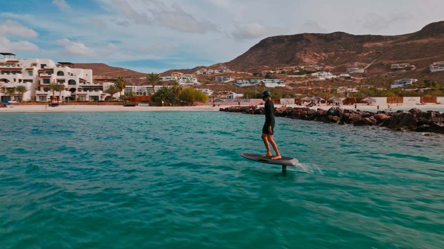 Richard Gadoury e-foiling off the coast of Pedregal de La Paz, Baja California Sur, Mexico