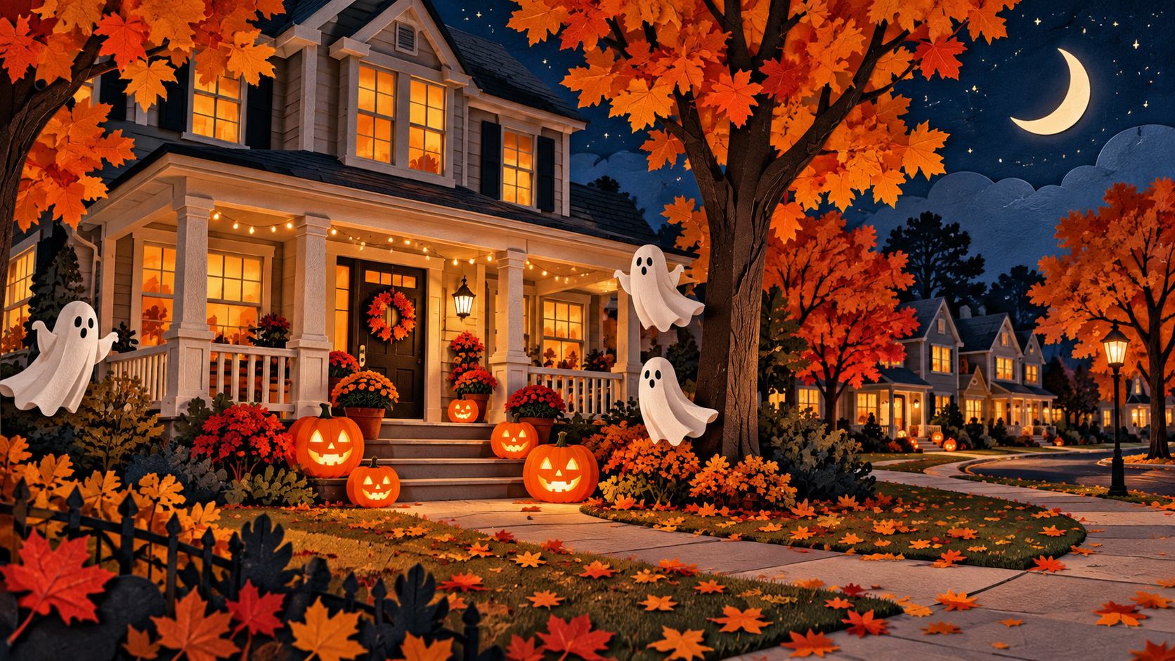Playful Halloween illustration of a welcoming suburban porch with glowing pumpkins, friendly ghosts and autumn trees