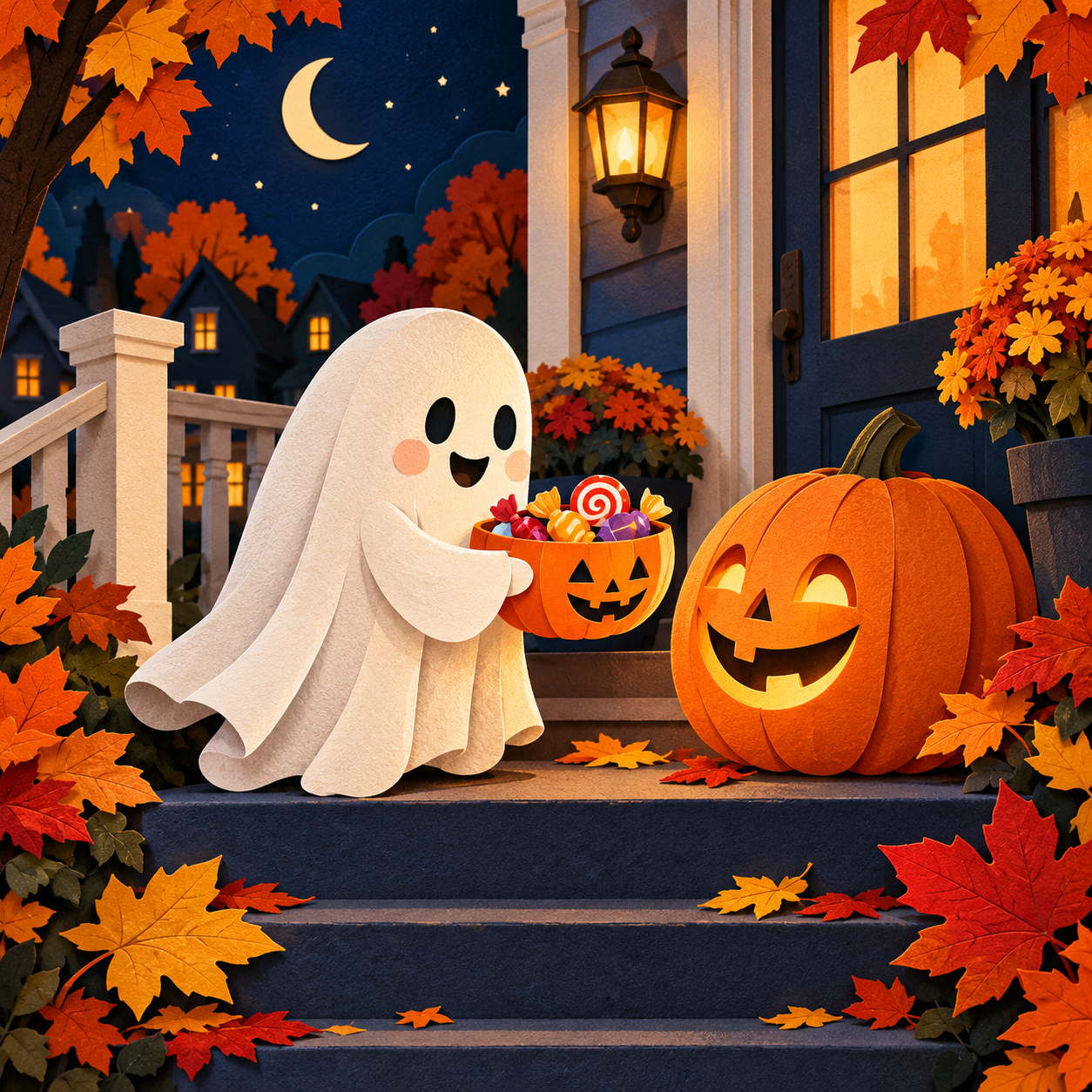 Friendly paper-cut ghost sharing a bowl of candy with a smiling jack-o-lantern on autumn porch steps