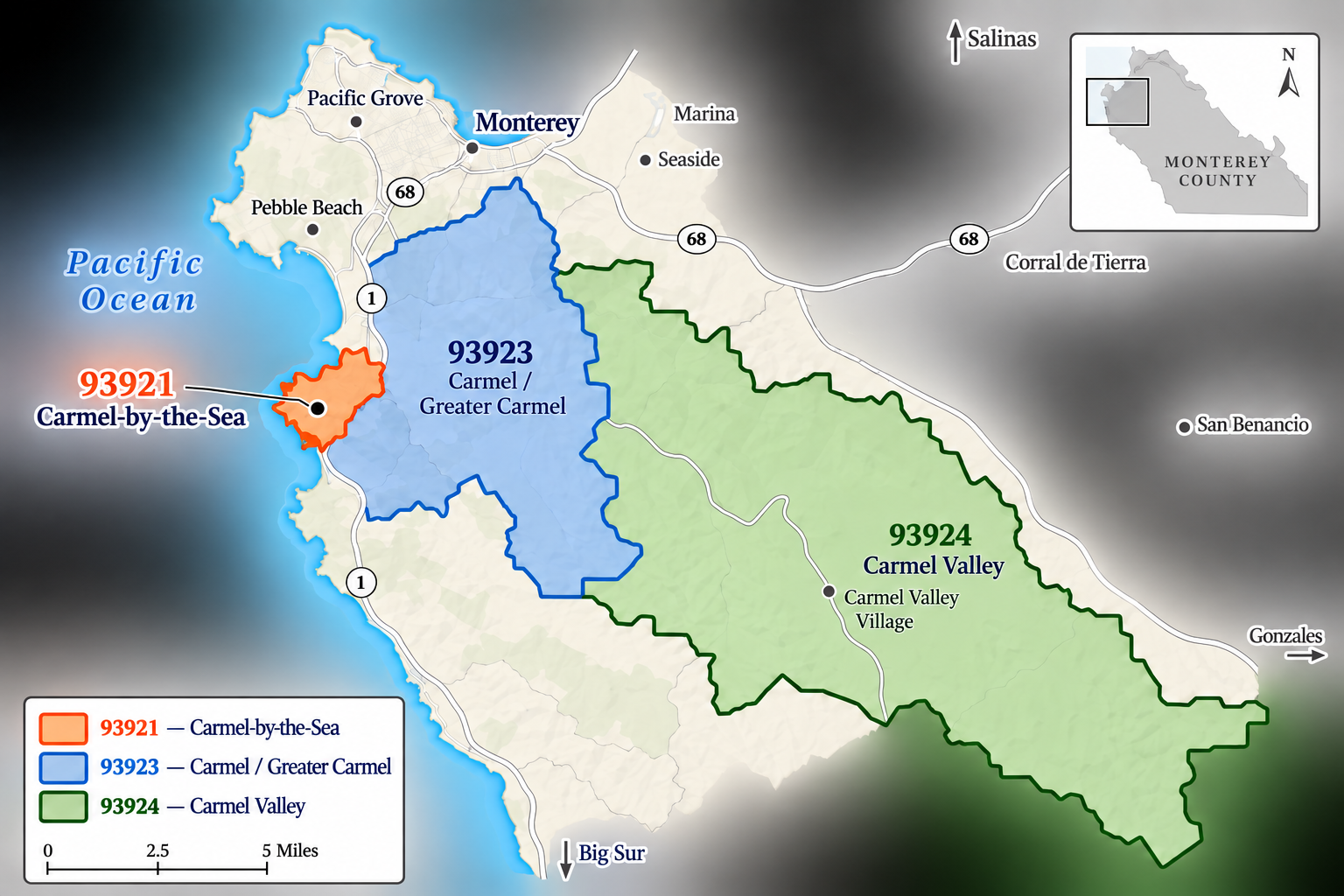 Map of Carmel 93921, Carmel 93923, and Carmel Valley 93924