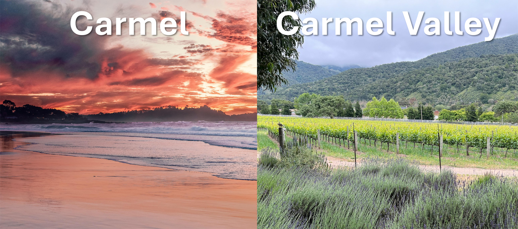 Carmel and Carmel Valley California showing the transition from the Monterey Peninsula coast to oak covered hills