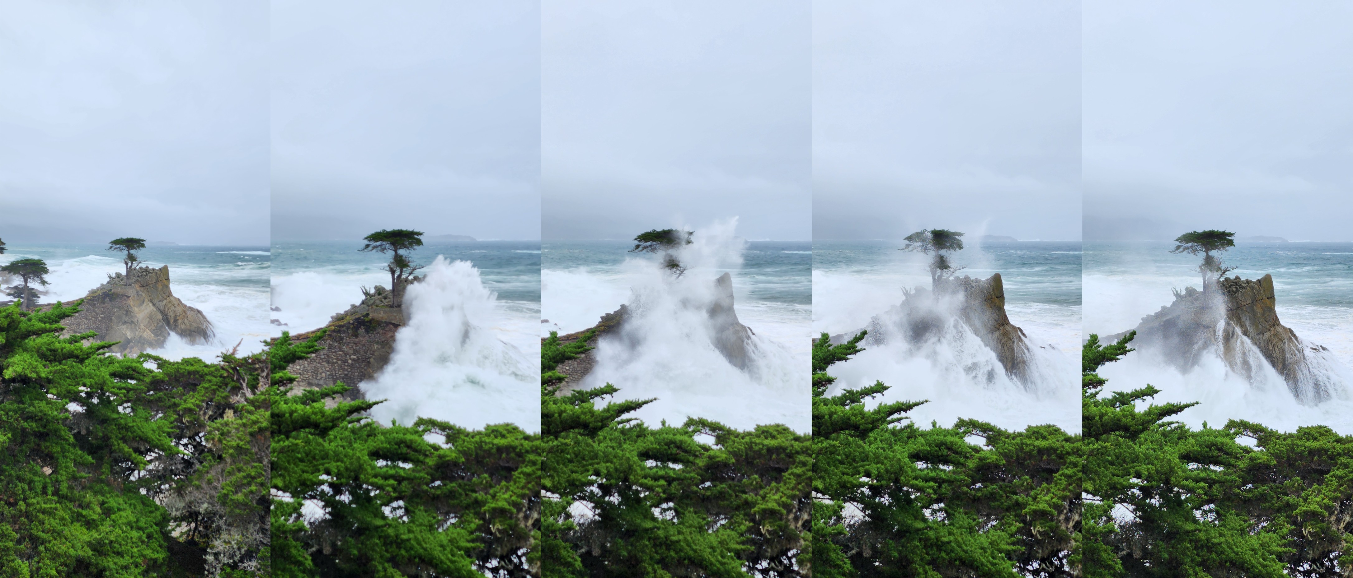 Pebble Beach Lone Cypress getting pummeled by big wave in early 2023 Photos by Mark Bruno2023