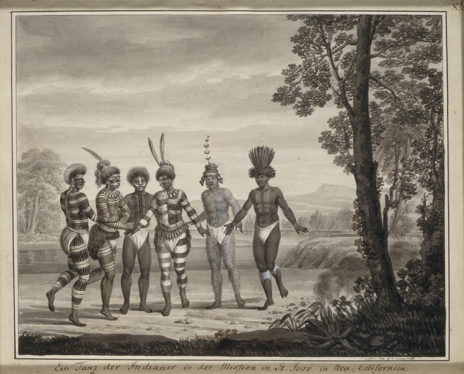 Dance of (Ohlone) Indians at Mission in San Jose, New California by Wilhelm Gottlieb Tilesius von Tilenau