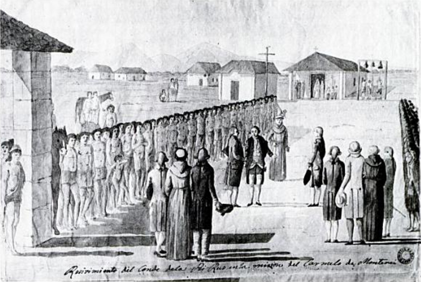 Indians of Mission San Carlos Borromeo are lined up with military precision to greet French expedition led by Jean Francois Galaup, Comte De La Perouse. Watercolor attributed to Tomas de Suria or Jose Cardero, 1791. after a lost original painting at the occasion by Gaspard Duché de Vancy. 1786.