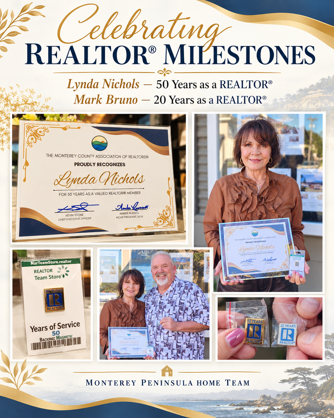 2026 REALTOR milestones celebrating Mark Bruno's 20-Year Pin and Lynda Nichols's 50-Year Pin, Monterey Peninsula Home Team