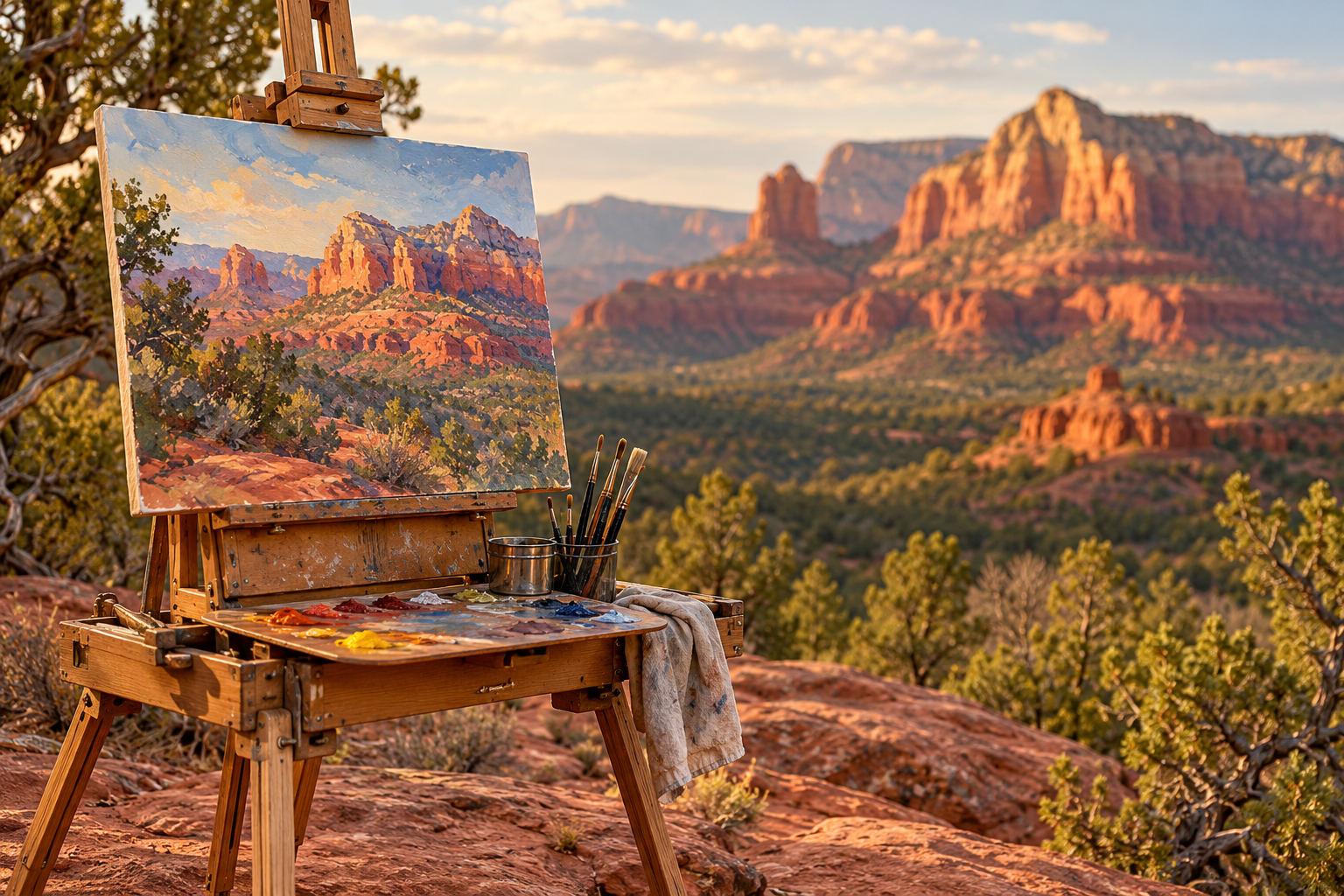 AI-generated illustration of plein air painting with a red rock landscape