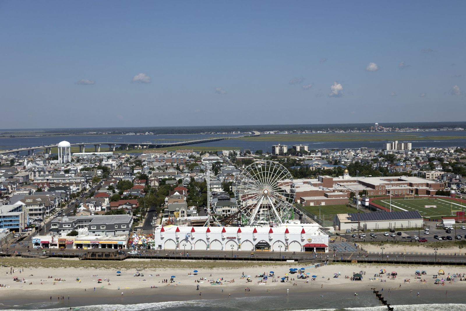 Ocean City, NJ beach, boardwalk and Wonderland Pier from above