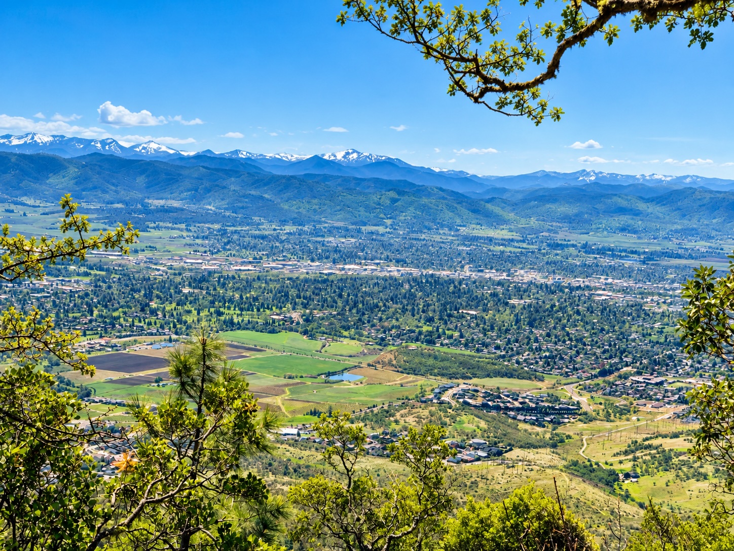 Scenic overlook from Roxy Ann Peak showing Medford, Oregon, with residential neighborhoods, green fields, and the surrounding Rogue Valley mountains.