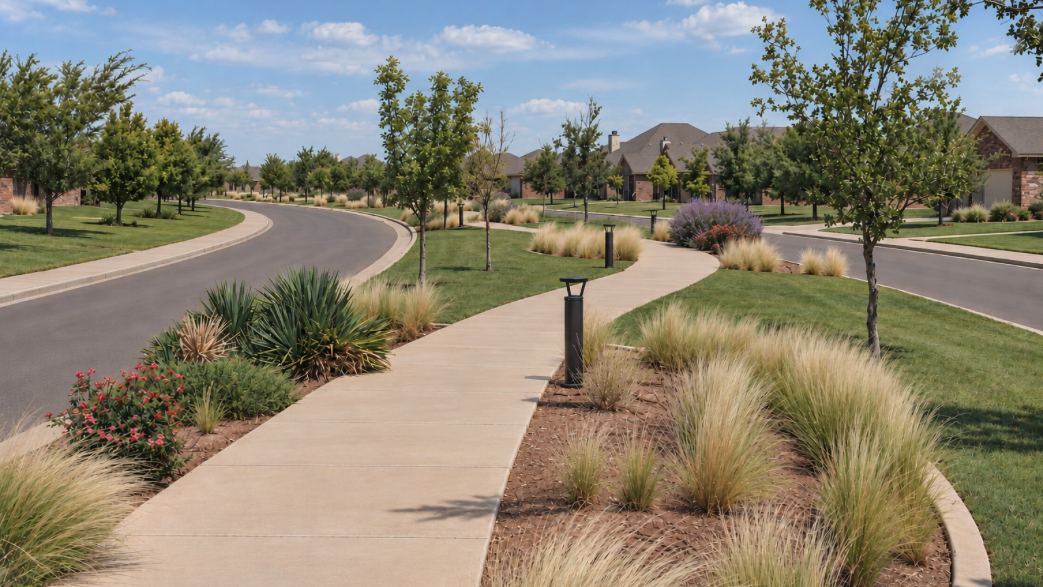Landscaped parkway and walking path along a street in Heritage Hills, Amarillo, TX