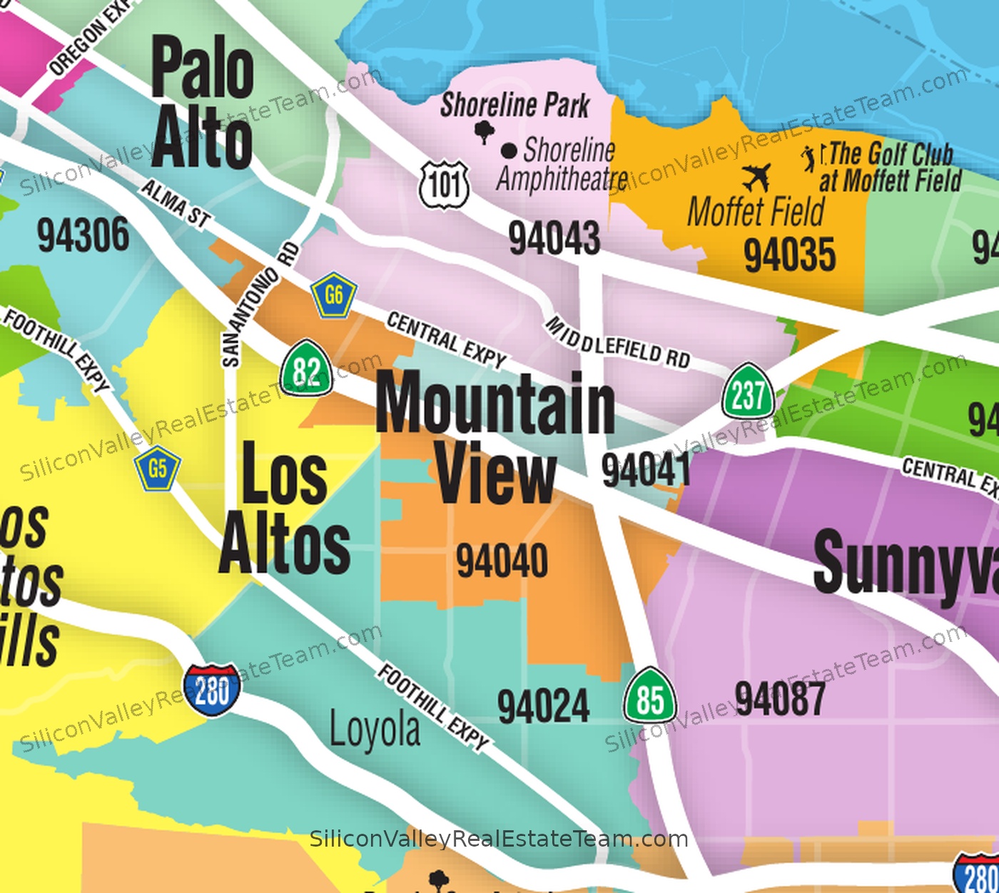 Mountain View Zip Codes Map 94040, 94041, 94043| Postal Codes