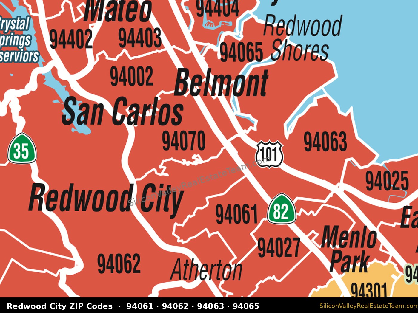 Redwood City ZIP codes map showing 94061, 94062, 94063, 94065 and Redwood Shores in San Mateo County