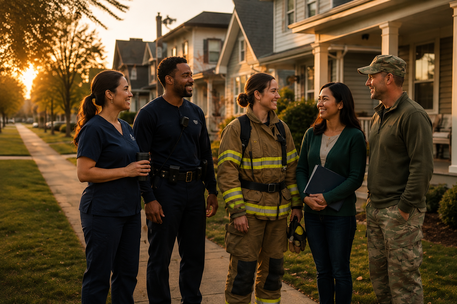 A nurse, police officer, firefighter, teacher, and military veteran together in an Indianapolis neighborhood