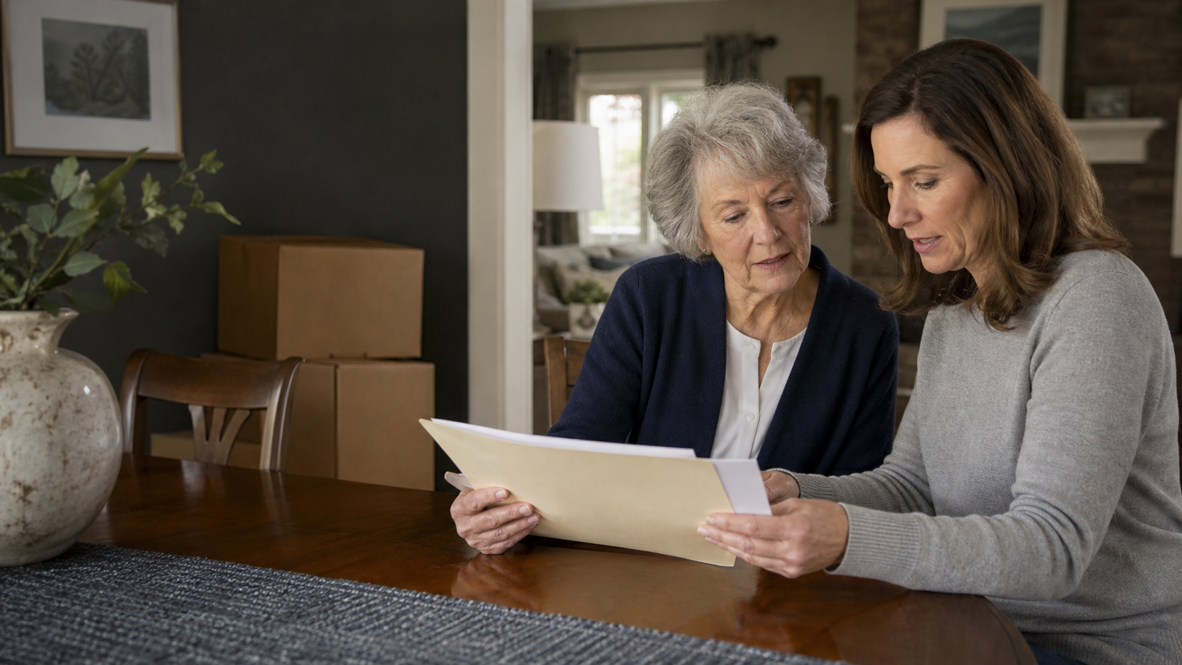 An older homeowner and her adult daughter reviewing home documents together