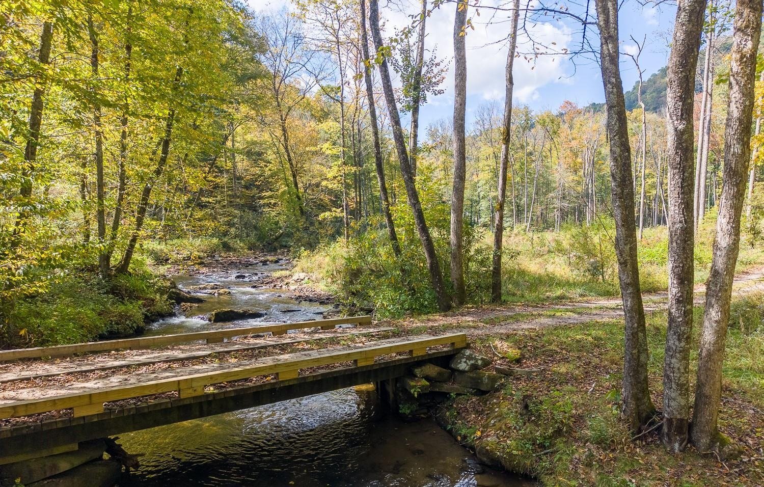 Wooden bridge over Little Snowbird Creek at the entrance