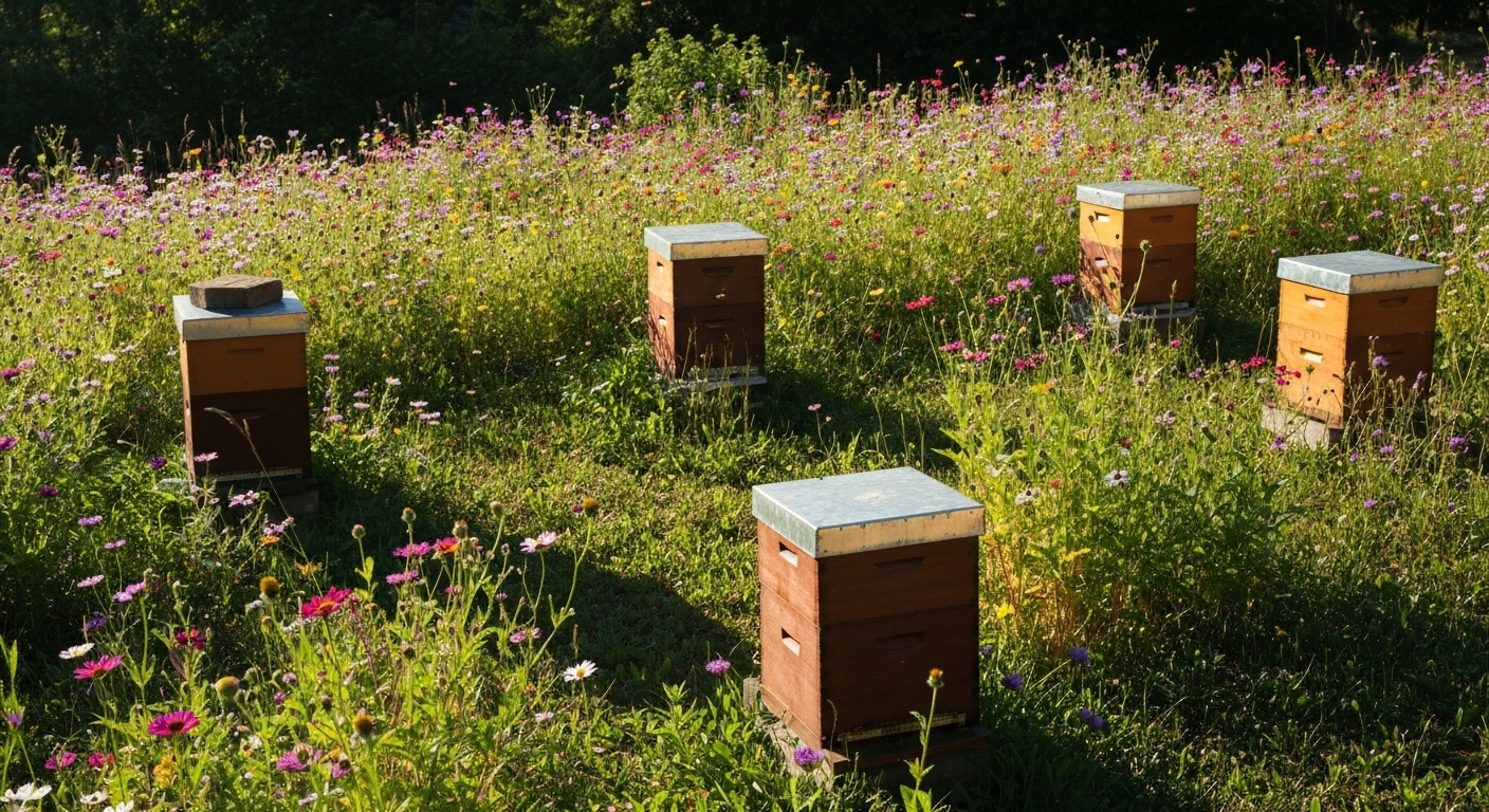 Wooden Langstroth beehives sitting in a wildflower meadow in the mountains of Macon County, North Carolina.