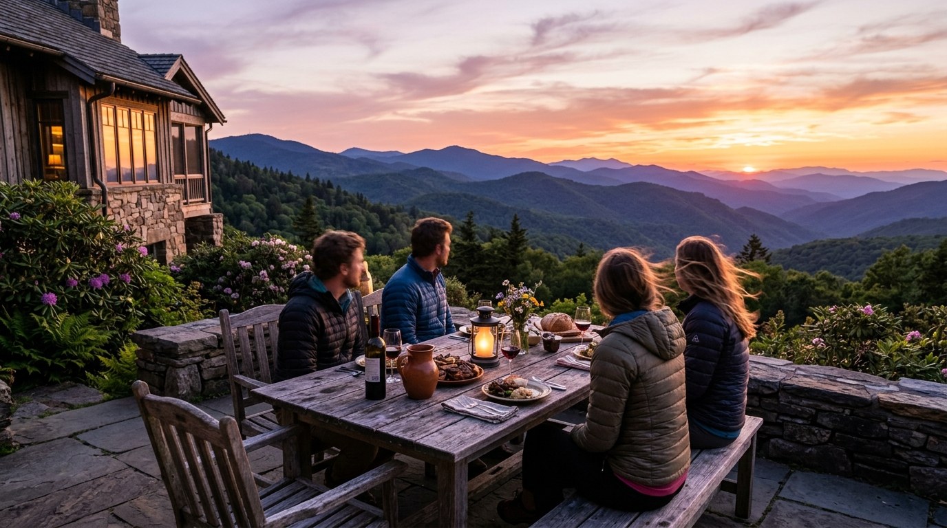 Candlelit outdoor dinner table set on a rocky overlook above the Highlands North Carolina mountains at dusk.
