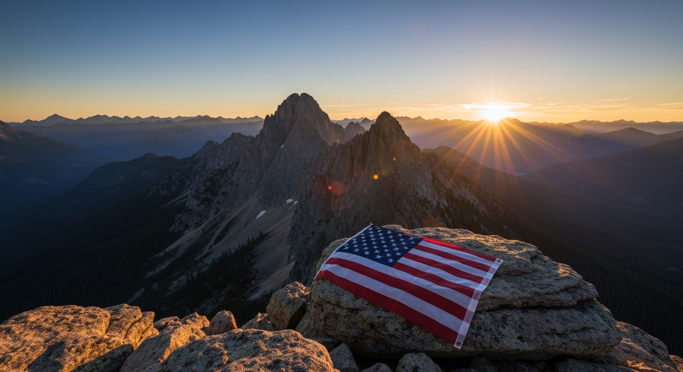 An American flag catching morning light above the Blue Ridge Mountains near Asheville, North Carolina.