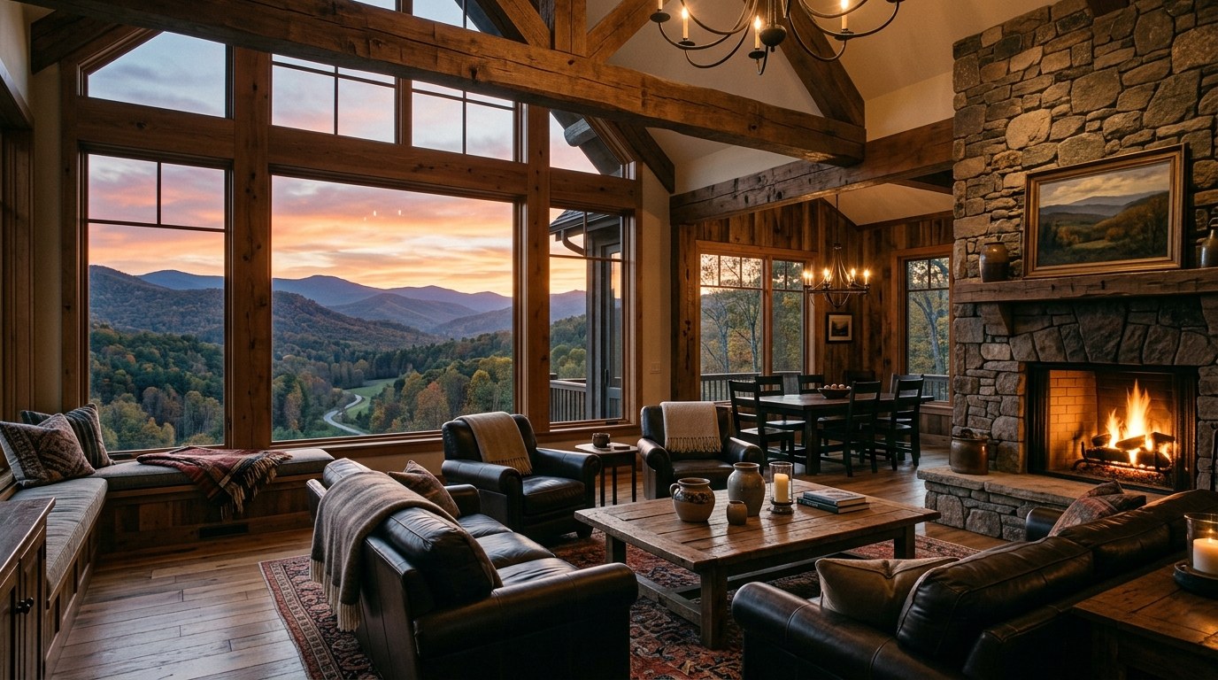 A beautifully furnished mountain home living room with large windows overlooking the Cashiers, North Carolina landscape.