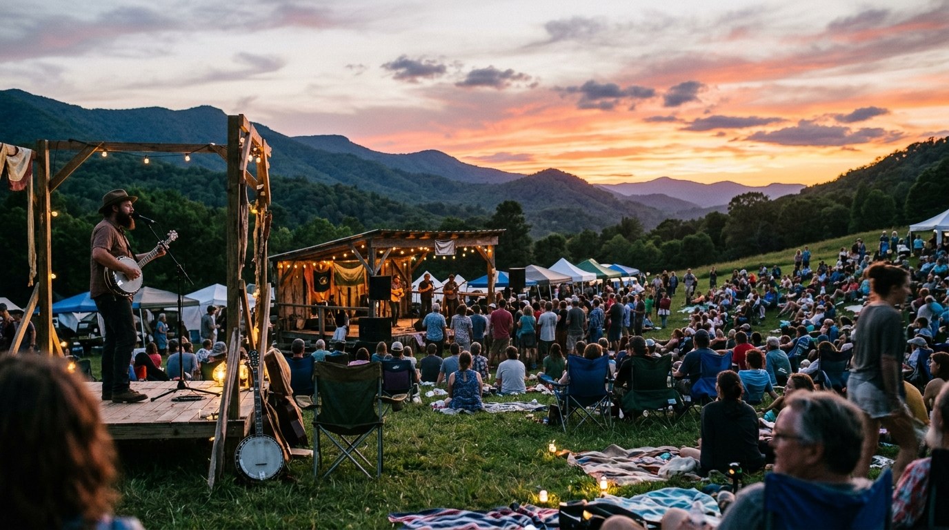 Crowd gathered at an outdoor bluegrass festival stage at dusk in the North Carolina foothills.