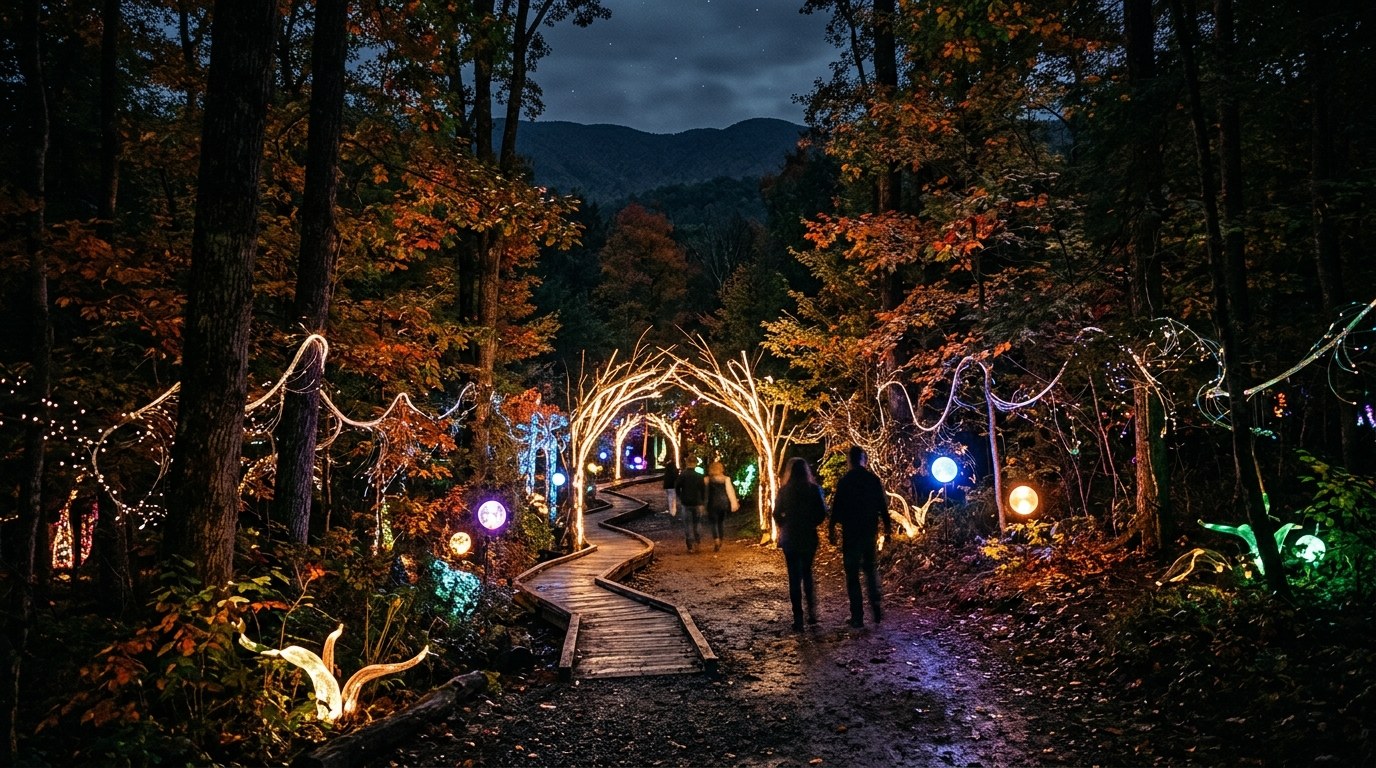 Colorful immersive light installation glowing inside a dark gallery space in West Asheville, North Carolina.
