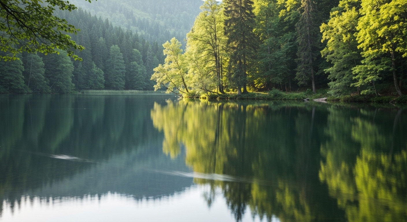 Calm mountain lake surrounded by forested ridges near Canton in Haywood County, North Carolina.