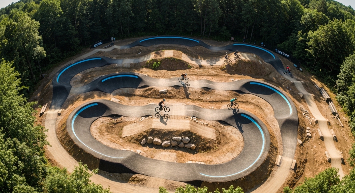 A paved pump track winding below the Blue Ridge Mountains near Waynesville, North Carolina.