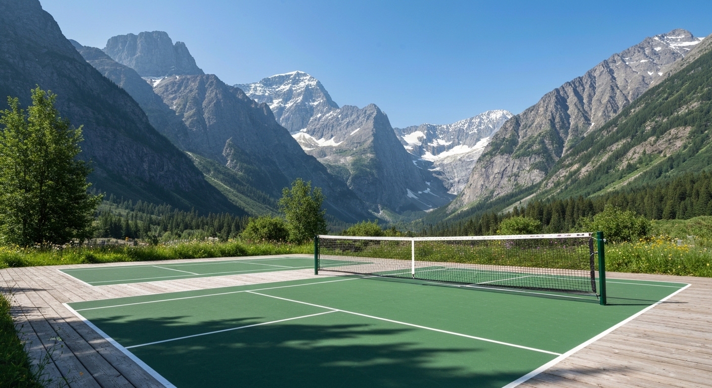 Outdoor pickleball courts set against the green Blue Ridge Mountains of Western North Carolina on a sunny day.