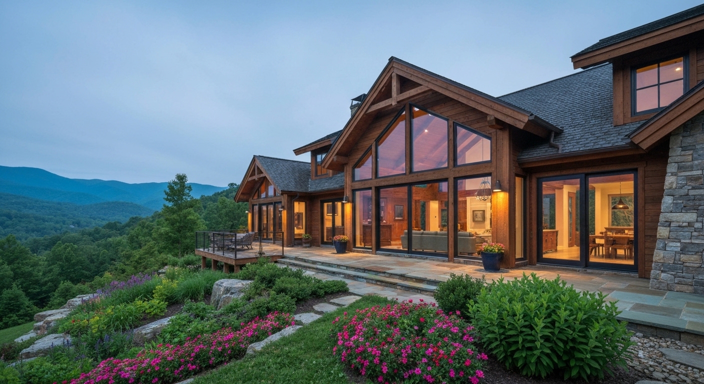 A mountain home tucked into the forested Highlands Plateau near Highlands, North Carolina, on a clear summer day.