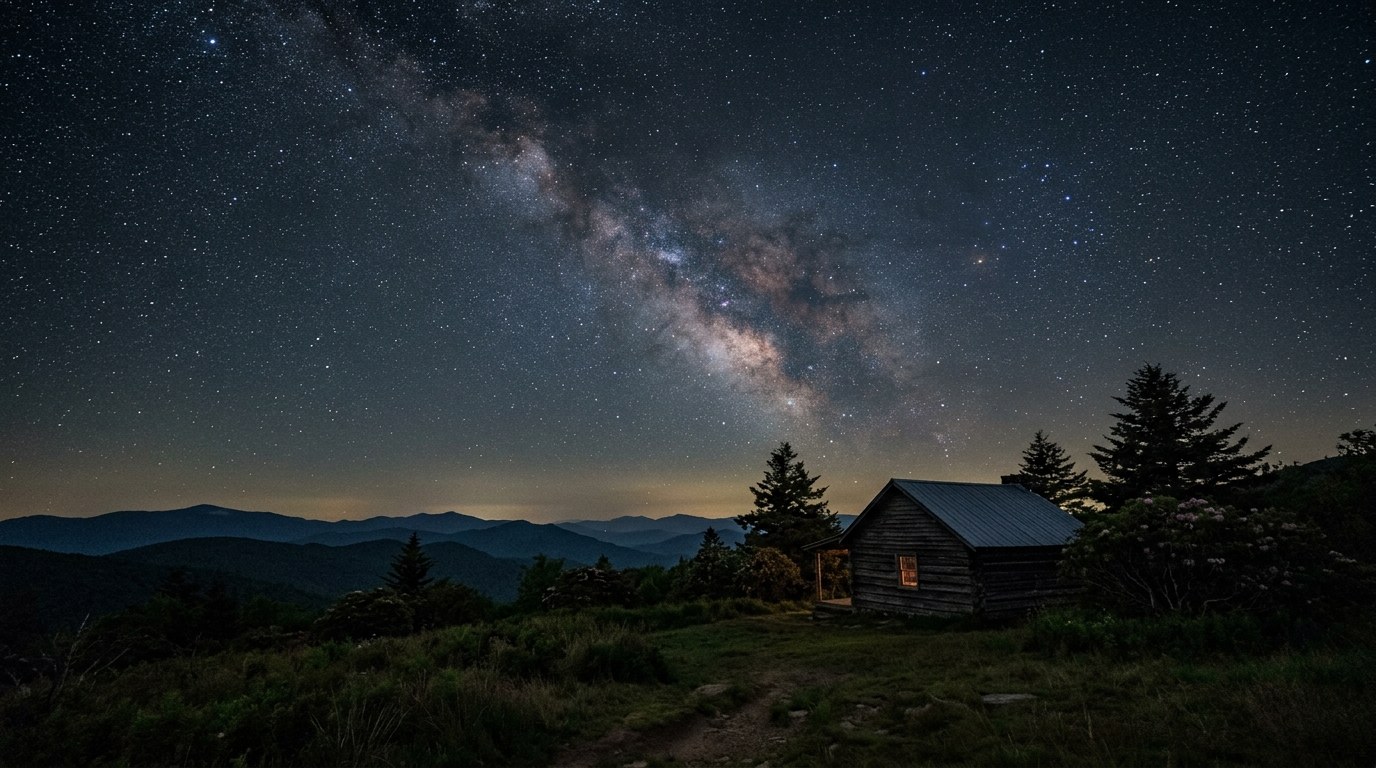 Stars and Milky Way glow over dark silhouetted mountain ridgelines in Transylvania County, North Carolina.