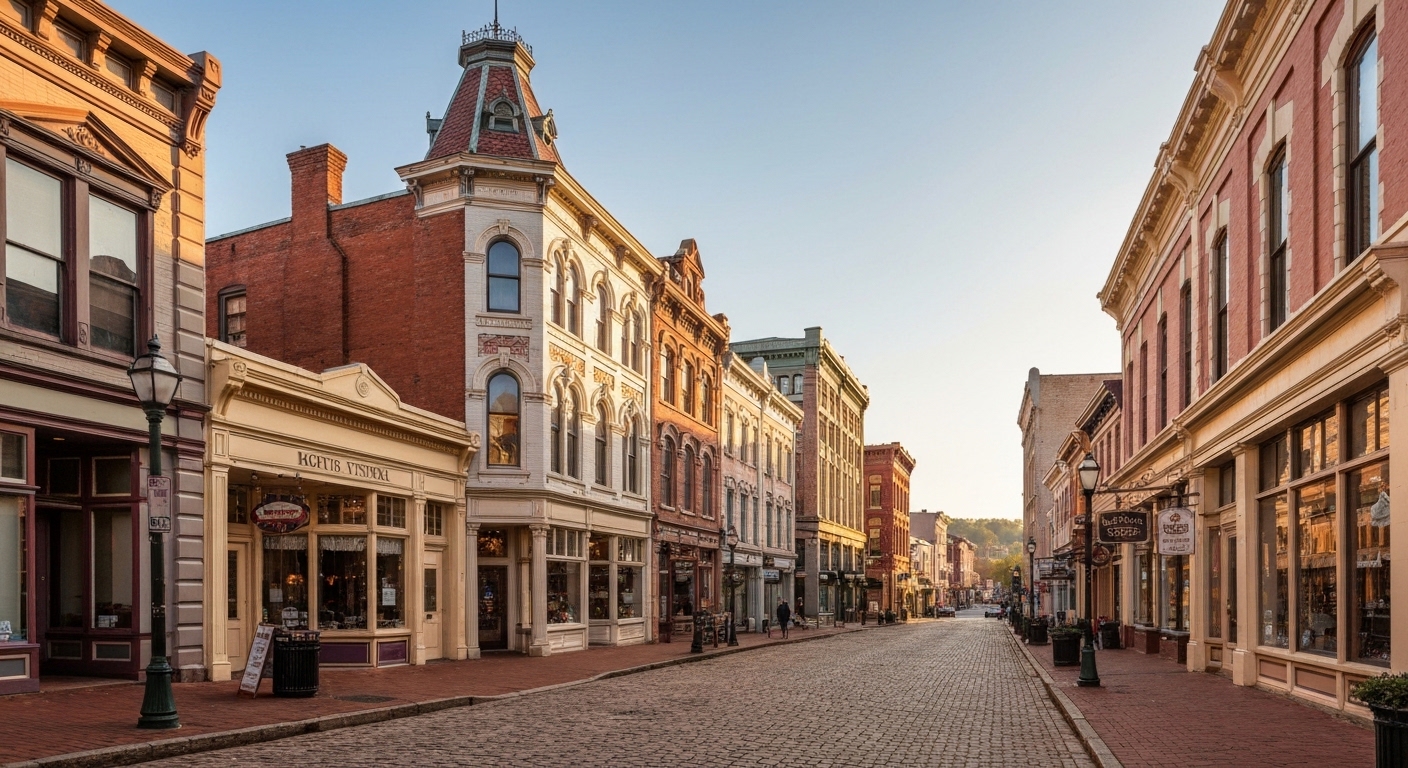 Historic brick storefronts and street lamps along a downtown Asheville block in Buncombe County, North Carolina.