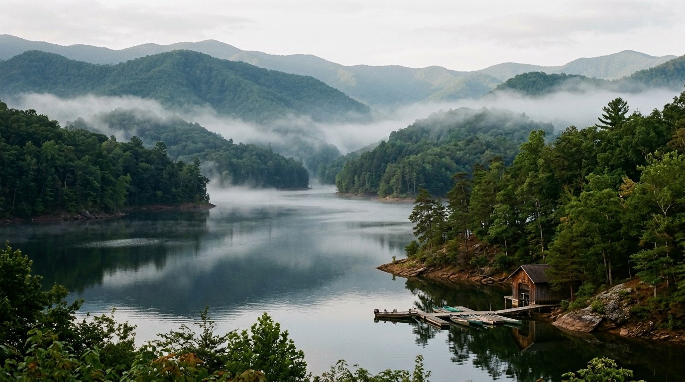 Fontana Lake surrounded by forested Smoky Mountain ridgelines near Robbinsville, North Carolina.