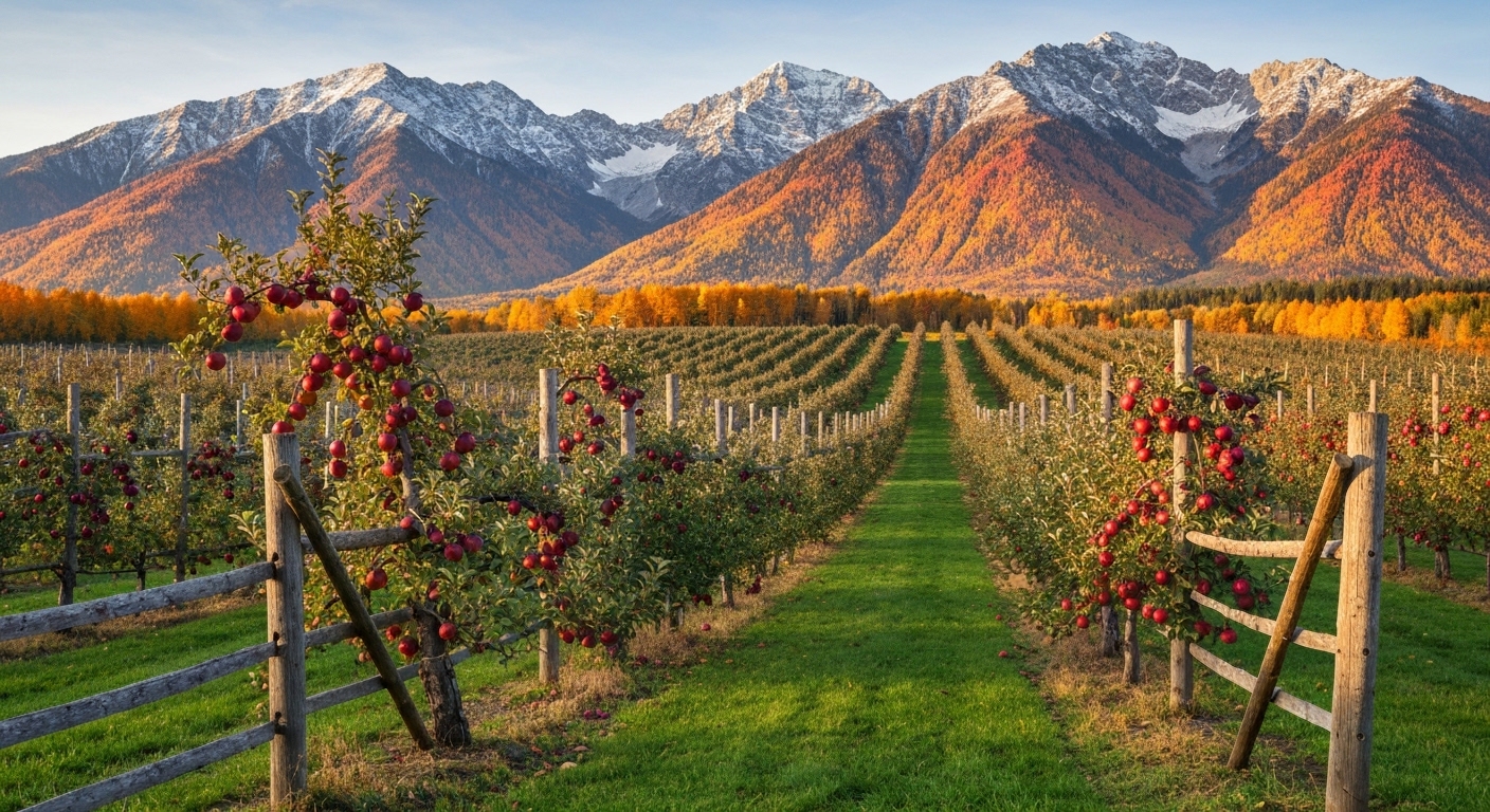 Rows of apple trees heavy with red fruit in a Henderson County orchard under early fall mountain light.