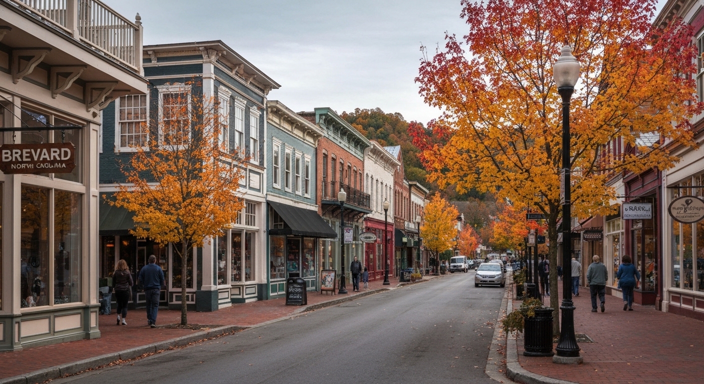 Sunlit small-town main street framed by autumn mountains near Brevard in Western North Carolina.