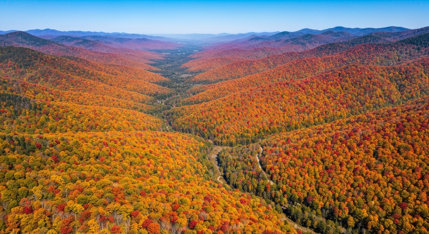 Rolling Appalachian ridges and a quiet creek valley near Fines Creek in Haywood County, North Carolina.