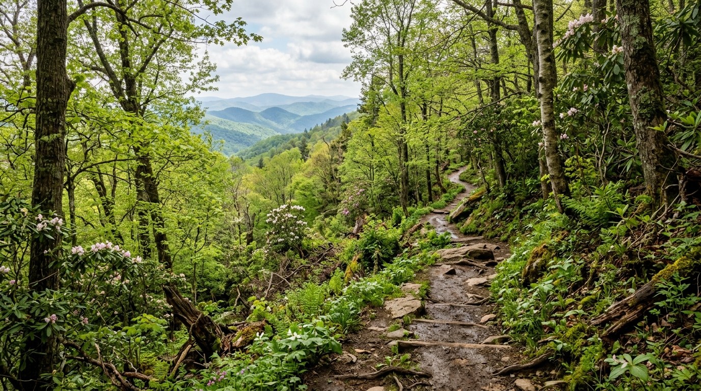 Spring green forest along the Appalachian Trail ridgeline in the Great Smoky Mountains near North Carolina.